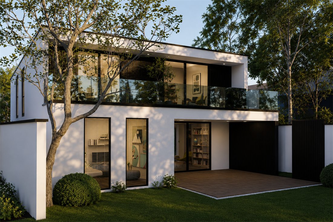 Cantilevered exterior of Narrow Plot Vastu Home