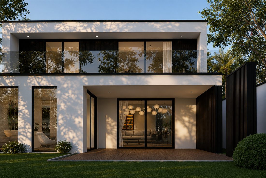 Modern facade detail of Narrow Plot Vastu Home