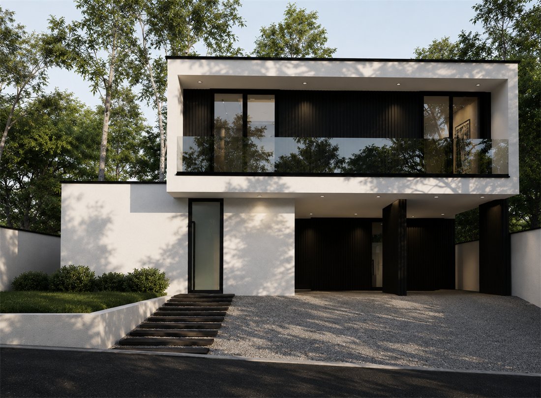 Front view of Compact Suburban Pool Residence