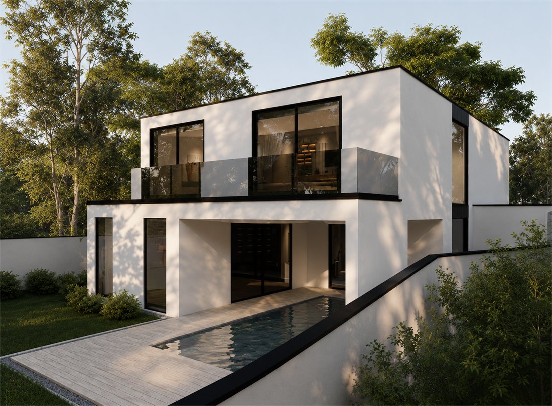 Garden side of Compact Suburban Pool Residence